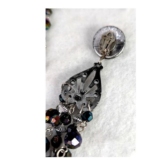 Vtge 70'sShoulder duster earrings 7" Black Aurora  bicone beads Width 7/8" EVC - Picture 3 of 7